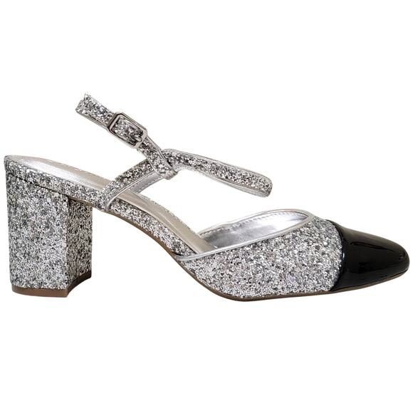 On 34th Women Dotti Cap Toe Ankle Strap Pump Heels Size US 9.5M Silver Glitter - Picture 2 of 5